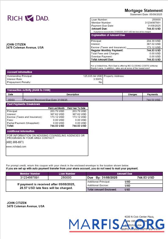 Realistic USA Rich Dad bank mortgage statement in Word and PDF formats download for verification